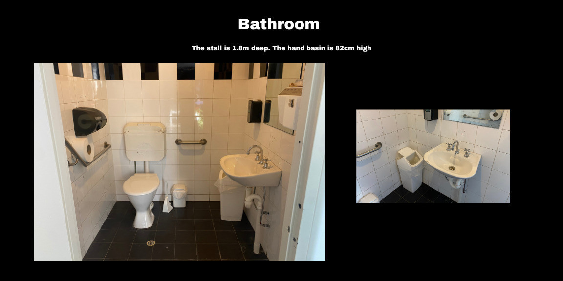 A photograph of the disabled unisex bathroom at My Lover cindi. A second smaller photograph on the right shows the height of the hand basin.